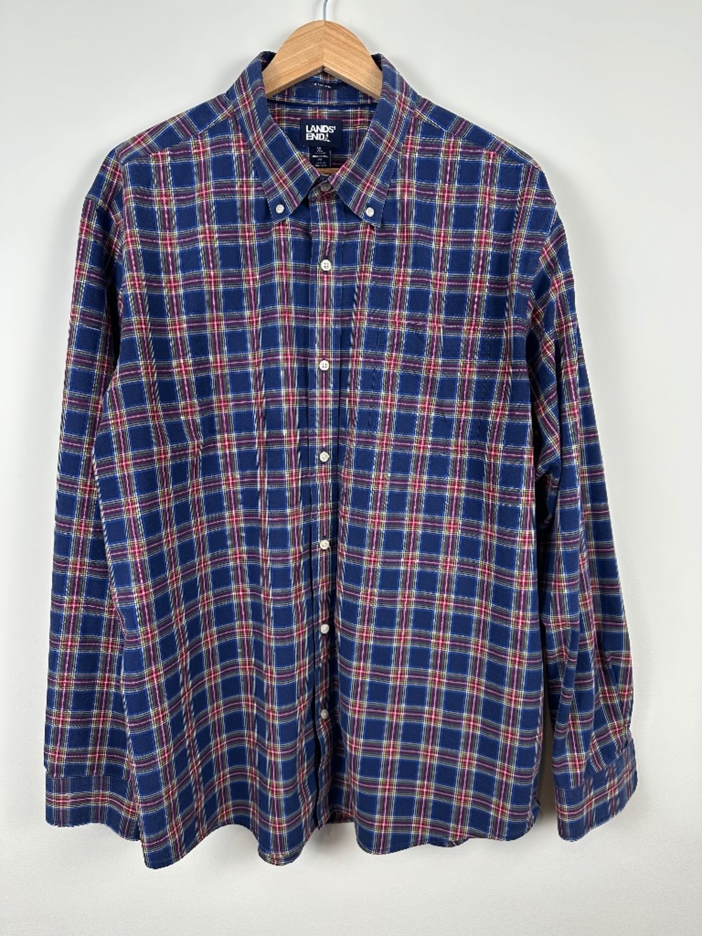 Lands’ End Men’s XL No-Iron Twill Blue Tartan Plaid Cotton Shirt
